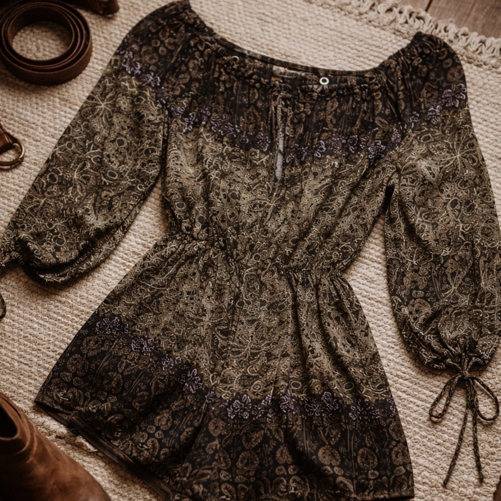 Free People So Devine Paisley Romper XS Boho Off Shoulder Festival Mini